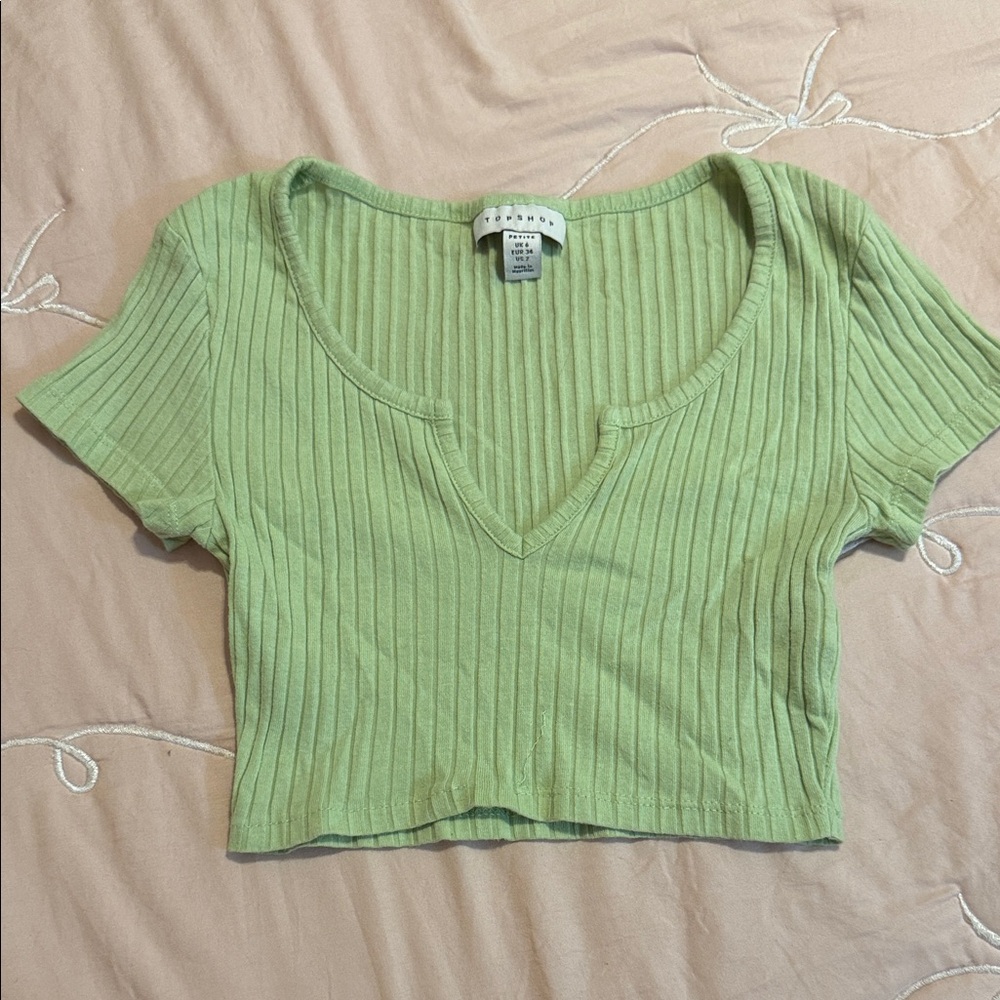 Topshop Petite Light Green Ribbed V-Neck Crop Top